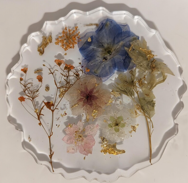 Real Flowers and Gold Epoxy Coaster